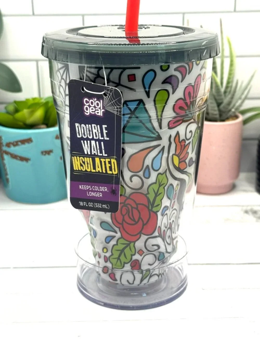 Cool Gear Double Wall Insulated Sugar Skull Tumbler With Straw 18 Oz